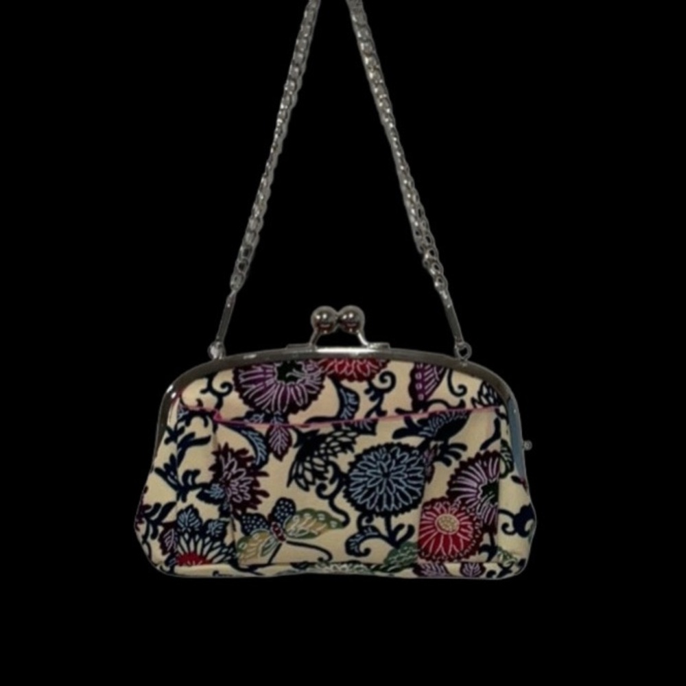 NEW Arabesque Floral Print Fabric Double Kiss Lock Handbag Bright Pink Lining - Picture 3 of 10